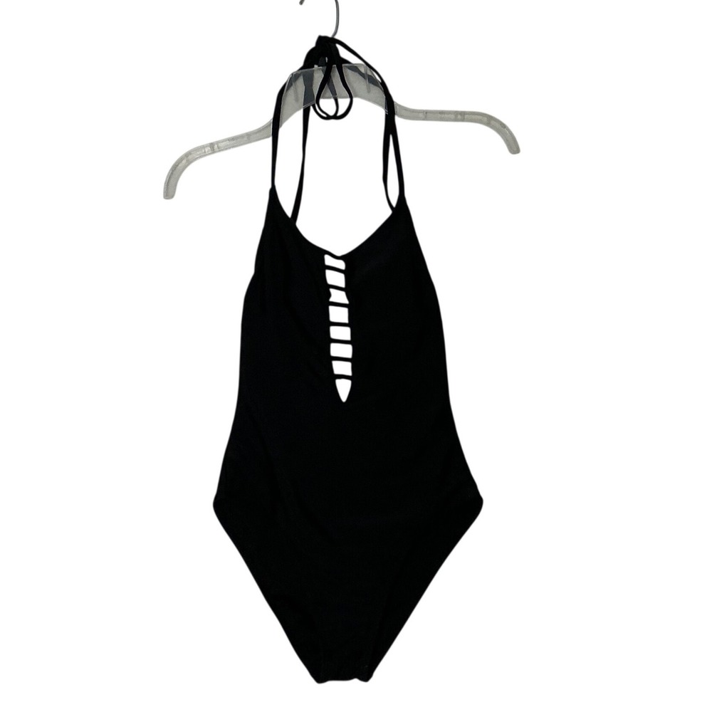 Xhilaration Womens Black Halter One Piece Swimsuit Ladder‎ Cutout Size S